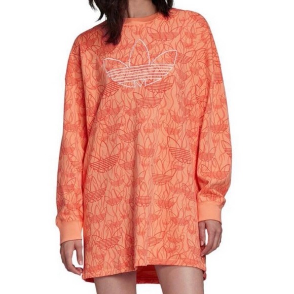 Adidas Womens Trefoil Flame Sweatshirt Dress XS Peach/Orange Loose Fit Logo - Picture 1 of 8